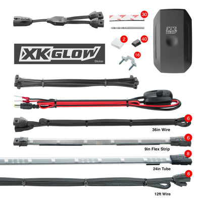 XK Glow Flex Strip Million Color XKCHROME אפליקציה לסמארטפון ערכת תחתית 8x24 אינץ' צינור דק + 6x10 אינץ'