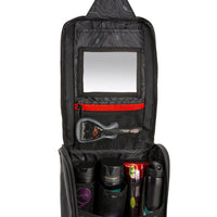 תיק מוצרי טיפוח ARB גימור פחם עם דגשים אדומים כיסי רשת מעטפת חיצונית PVC מראה