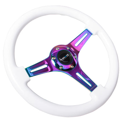 גלגל הגה עץ קלאסי NRG (350 מ"מ) אחיזת צבע לבן עם מרכז ניאוכרום 3 חישורים