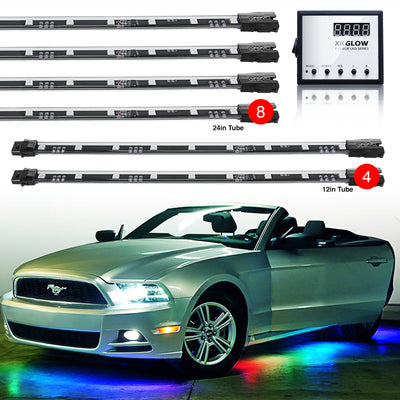 XK Glow 3 מיליון צבע XKGLOW LED הדגשה ערכת רכב/משאית 8x24 אינץ' + צינורות 4x12 אינץ'