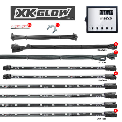 XK Glow 3 מיליון צבע XKGLOW LED הדגשה ערכת רכב/משאית 8x24 אינץ' + צינורות 4x12 אינץ'